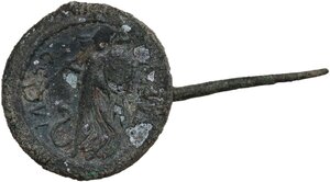 reverse: Julius Caesar and C. Clovius.. Bronze, mounted as a brooch, end 46-early 45 BC