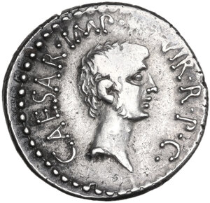 reverse: Mark Antony and Octavianus with M. Barbatius.. AR Denarius, mint moving with Marcus Antonius, 41 BC