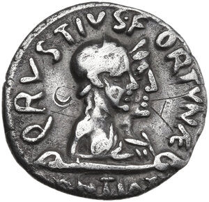 obverse: Augustus (27 BC - 14 AD)  . AR Denarius . Rome mint, Q. Rustius, moneyer. Struck 19 BC