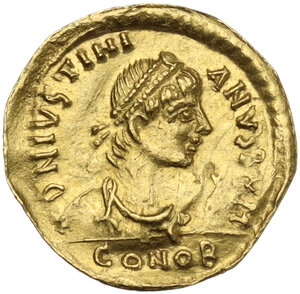 obverse: Justinian I (527-565).. AV Tremissis, Constantinople mint