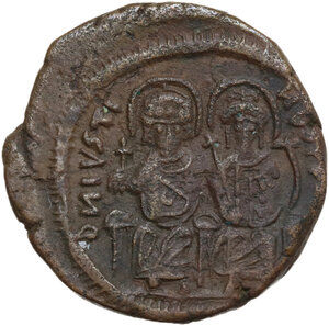 obverse: Justin II and Sofia (565-578).. AE Follis. Constantinople mint, 1st officina. Dated RY 1 (565/6)