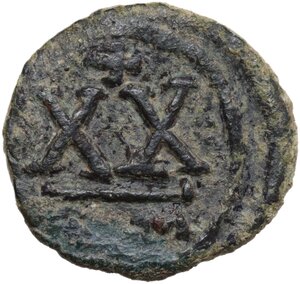 reverse: Tiberius II Constantine (578-582).. AE Half Follis. Uncertain military mint