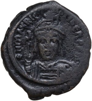obverse: Maurice Tiberius (582-602).. AE Follis. Constantinople mint, dated year 6 (587/8)