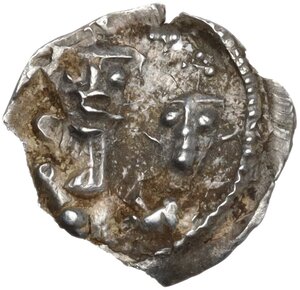 obverse: Constans II, with Constantine IV, Heraclius, and Tiberius (641-668). . AR Half Siliqua. Carthage mint. Struck 662-668