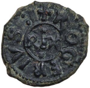 obverse: Messina.  Tancredi (1189-1194), con il figlio Ruggero. Follaro con legenda araba e REX