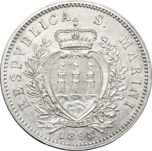 obverse: San Marino.  Vecchia Monetazione (1864-1938).. 5 lire 1898