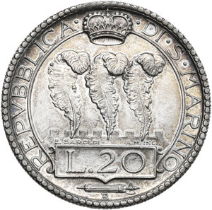 reverse: San Marino.  Seconda monetazione (1931-1938).. 20 lire 1935