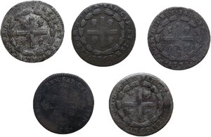 obverse: Carlo Emanuele III (1730-1773). Monetazione per la Sardegna. Lotto di quattro (4) monete da un soldo sardo: 1768, 1769, 1770, 1771. In aggiunta soldo di Carlo Emanuele III