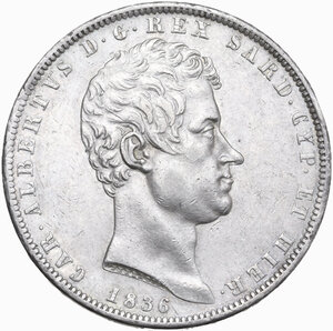 obverse: Carlo Alberto (1831-1849). 5 lire 1836 Genova