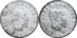 obverse: Vittorio Emanuele II  (1861-1878). Lotto di due monete da 2 lire 1863 Napoli e Torino