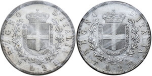 reverse: Vittorio Emanuele II  (1861-1878). Lotto di due monete da 2 lire 1863 Napoli e Torino
