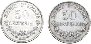 reverse: Vittorio Emanuele II  (1861-1878). Lotto di due (2) monete da 50 centesimi (valore) 1863 Milano 1867 Milano