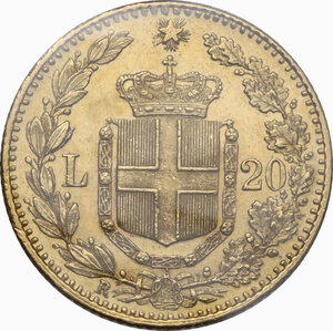 reverse: Umberto I (1878-1900).. 20 lire 1882, tutte le cifre slittate o ribattute