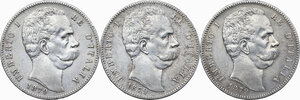 obverse: Umberto I (1878-1900). Lotto di tre (3) monete da 5 lire 1879