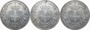 reverse: Umberto I (1878-1900). Lotto di tre (3) monete da 5 lire 1879