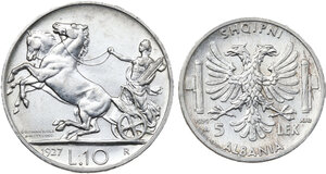 reverse: Vittorio Emanuele III (1900-1943). Lotto di due (2) monete: 10 lire 1927 (*) e 5 lek 1939 (Albania)