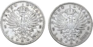 reverse: Vittorio Emanuele III (1900-1943). Lotto di due (2) monete da 2 lire 1902 e 1906