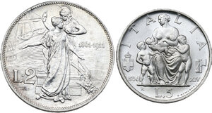 reverse: Vittorio Emanuele III (1900-1943). Lotto di due (2) monete: 5 lire 1936 e 2 lire 1911