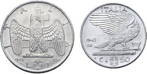 reverse: Vittorio Emanuele III (1900-1943). Lotto di due (2) monete da 1 lira e 50 centesimi 1943 A. XXI