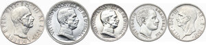 obverse: Lotto di cinque (5) monete: Vittorio Emanuele III 10 lek 1939 (Albania), 5 lire 1936, 2 lire 1916, lira 1902, lira 1917