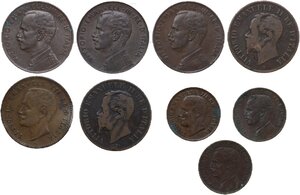 obverse: Lotto di nove (9) monete: 2 centesimi 1861 Milano, 2 centesimi 1867 Milano, 2 centesimi 1903 Roma, 2 centesimi 1915 (2) italia su prora, 2 centesimi 1917 italia su prora, centesimo 1908, centesimo 1913 (italia su prora), centesimo 1914 (italia su prora)