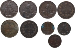 reverse: Lotto di nove (9) monete: 2 centesimi 1861 Milano, 2 centesimi 1867 Milano, 2 centesimi 1903 Roma, 2 centesimi 1915 (2) italia su prora, 2 centesimi 1917 italia su prora, centesimo 1908, centesimo 1913 (italia su prora), centesimo 1914 (italia su prora)