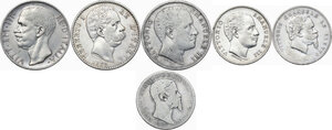 obverse: Lotto di sei (6) monete: Vittorio Emanuele II: lira 1857 (re di Sardegna), lira 186? (re eletto), Umberto I: 2 lire 1883, Vittorio Emanuele III: 10 lire 1929, 2 lire 1905, lira 1901