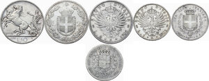 reverse: Lotto di sei (6) monete: Vittorio Emanuele II: lira 1857 (re di Sardegna), lira 186? (re eletto), Umberto I: 2 lire 1883, Vittorio Emanuele III: 10 lire 1929, 2 lire 1905, lira 1901