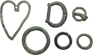 obverse: Miscellanea. Lot of six (6) various bronze items, including three rings and part of a brooch