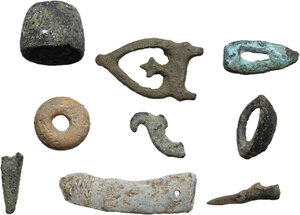 obverse: Miscellanea. Lot of nine (9) various bronze, bone and lead items, including two arrowheads, a bone bead and parts of brooches