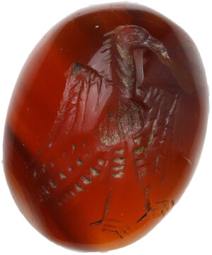 obverse: Antique style. Carnelian engraved with a representation of a bird facing right, in Sasanian style.  16 x 13 mm