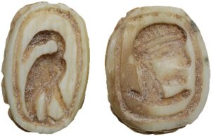 reverse: Antique style. Lot of two (2) Egyptian-style bone scarabs with the depiction of an ibis and a Pharaoh s head.   17 x 11 mm. the one with the ibis.  16 x 13 mm. the one with the Pharaoh s head