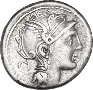obverse: Appius Claudius Pulcher, T. Manlius Mancinus and Q. Urbinius.. Denarius, 111 or 110 BC