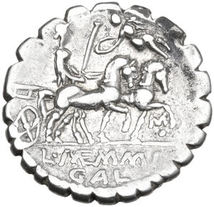 reverse: L. Memmius Galeria. Denarius serratus, 106 BC