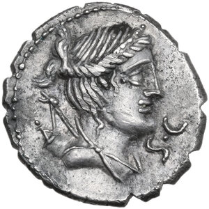 obverse: Ti. Claudius Nero. Denarius serratus, 79 BC