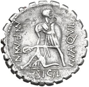 reverse: Mn. Aquillius Mn. f. Mn. n.. Fourreé Denarius serratus, 71 BC