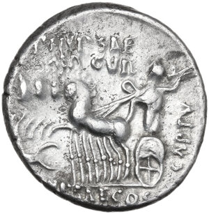 reverse: M. Aemilius Scaurus with Pub. Plautius Hypsaeus. . Denarius, 58 BC