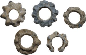 obverse: Lot of five (5) lead knobbed and spiked ring-money