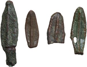 obverse: Thrace, Apollonia Pontika. Lot of four (4) bronze cast arrowheads with axial spine, c. 550-450 BC