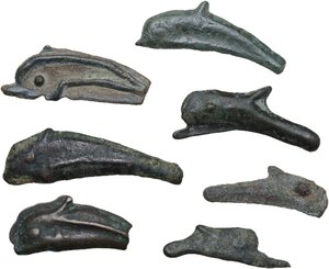 obverse: Skythia, Olbia. Lot of seven (7) AE dolphin shaped proto-money, 5th century BC