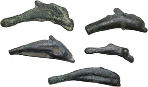 obverse: Skythia, Olbia. Lot of five (5) AE dolphin shaped proto-money, 5th century BC