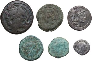 obverse: The Roman Republic.. Lot of six (6) unclassified coins, including four (4) AE and two (2) AR denominations