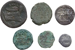 reverse: The Roman Republic.. Lot of six (6) unclassified coins, including four (4) AE and two (2) AR denominations
