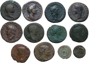 obverse: The Roman Empire.. Lot of twelve (12) unclassified AE denominations, including: Augustus, Tiberius, Caligula, Claudius, Nero, Domitian, Trajan, Hadrian, Marcus Aurelius, Lucilla