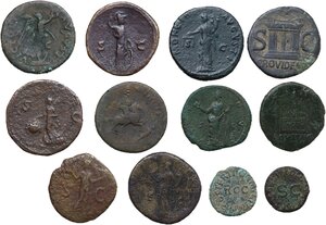 reverse: The Roman Empire.. Lot of twelve (12) unclassified AE denominations, including: Augustus, Tiberius, Caligula, Claudius, Nero, Domitian, Trajan, Hadrian, Marcus Aurelius, Lucilla