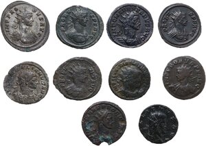 obverse: The Roman Empire.. Lot of ten (10) unclassified AR and BI Antoniniani, including: Aurelian, Probus, Gallienus and Diocletian