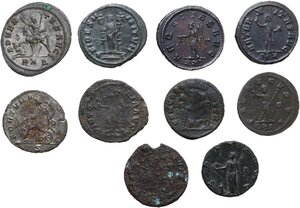 reverse: The Roman Empire.. Lot of ten (10) unclassified AR and BI Antoniniani, including: Aurelian, Probus, Gallienus and Diocletian