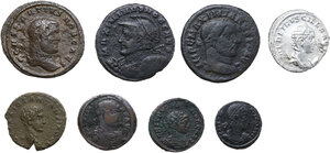obverse: The Roman Empire.. Lot of eight (8) unclassified coins, including two (2) AR and six (6) AE denominations of Herennia Etruscilla, Maximian, Constantius, Maximinus, Valens, Crispus and Constantine