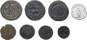 reverse: The Roman Empire.. Lot of eight (8) unclassified coins, including two (2) AR and six (6) AE denominations of Herennia Etruscilla, Maximian, Constantius, Maximinus, Valens, Crispus and Constantine