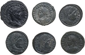 obverse: The Roman Empire. Lot of six (6) late antique coins, including, Philip II, Constantine I, Constantine II, Constantius II